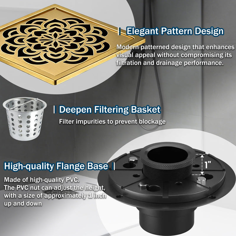 6 Inch Shower Drain, Square Shower Floor Drain Kit with Flange and Removable Cover Grate, AISI 304 Stainless Steel, Brushed Gold 6 inches