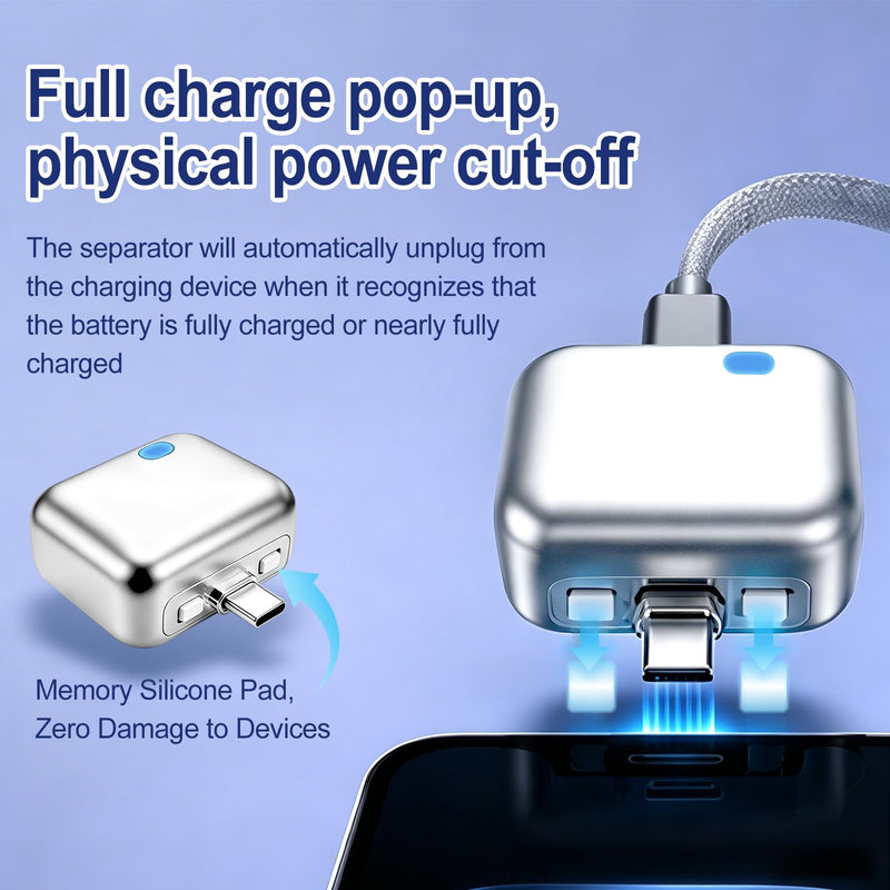 Full Charge Separator, Auto-Pop USB-C Charging Disconnect Adapter, Prevents Overcharging & Battery Overheating, Compatible with Phones, Earbuds, Tablets & Low-Power Devices, Supports Fast Charging Silver