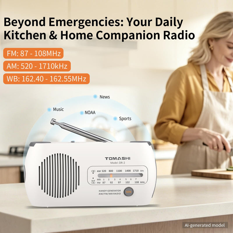 TOMASHI Portable NOAA Weather Radio, Hand Crank Emergency AM FM Radio | USB-C rechargeable, flashlight and SOS alarm. Compact hand crank radio with battery power for home, camping & power outages.