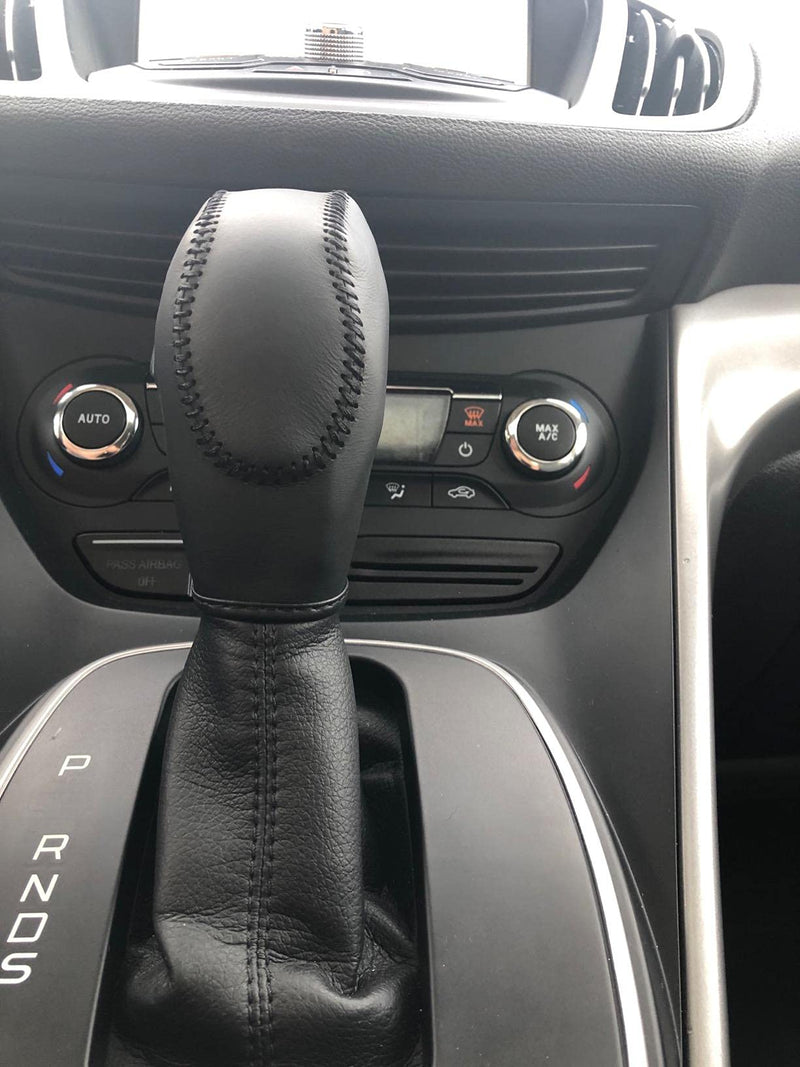 Black Leather Gear Shift Knob Cover for Ford Focus 2012 2013 2014 2015 2016/ Ford Fiesta 2014 2015 2016 / Ford Fusion S/Fusion SE 2013 2014 2015 2016 / Fusion Gear Shift Cover/Accessories for Ford Black leather + Black thread