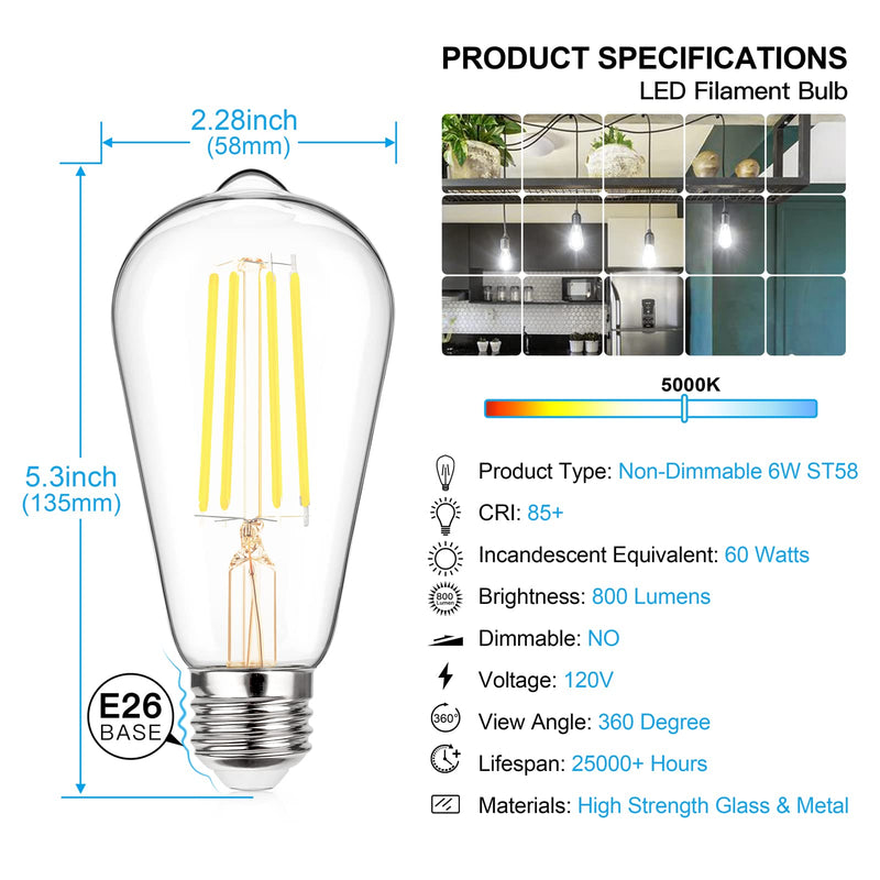 MAXvolador 12 Pack Vintage ST58 LED Edison Light Bulbs 60W Equivalent, 800Lumens Daylight White 5000K, E26 Base LED Filament Bulb 6W, Non-Dimmable, Clear Glass 12 Count (Pack of 1)