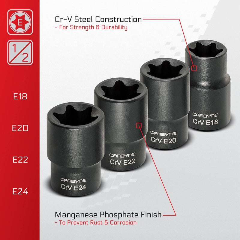 CARBYNE 13-Piece External Torx (eTorx, Female Torx) Socket Set, E4 to E24 | Chrome Vanadium Steel, 1/4, 3/8 & 1/2 inch Drive • From a Family-Run Tool Company Based in the U.S.A.