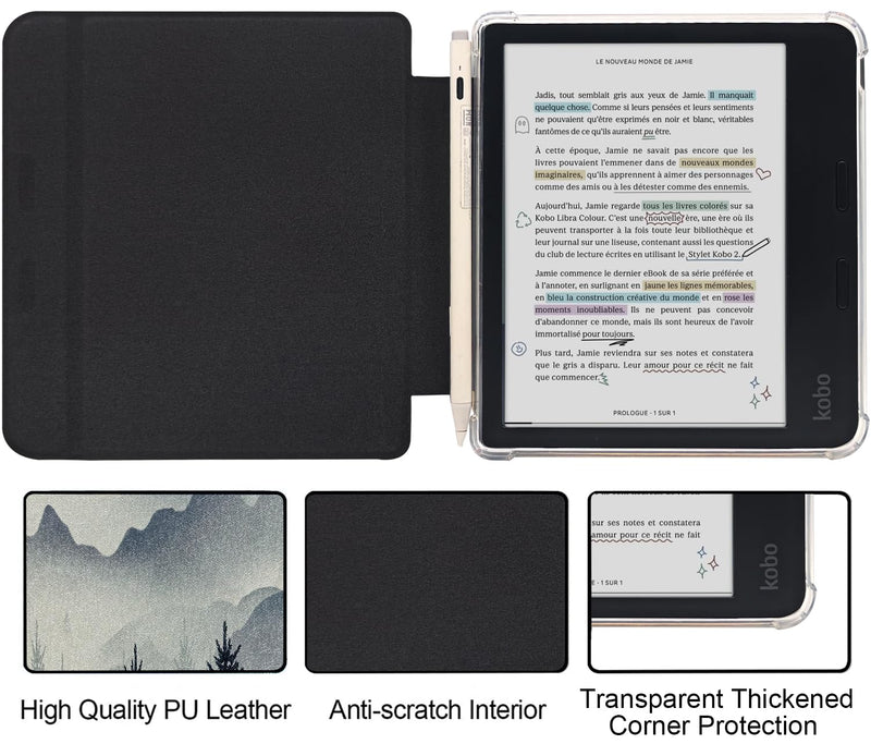 Folio Leather Case for 7" Kobo Libra Colour (2024) eReader - Ultra-Thin Enhanced Auto Sleep/Wake Cover with Transparent TPU Back, Magnetic Closure, Stylus Holder (Misty Forest) Misty Forest
