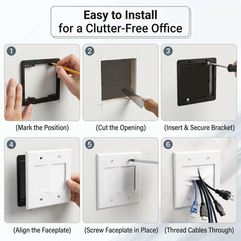 Tlence 6 Pack 2 Gang Brush Wall Plate with Brackets, Double Gang Cable Pass Through Wire Hider, Low Voltage Flush Mounting Wall Cover for Ethernet Cables, Coaxial, Speaker Wires, Wall Mounted TV