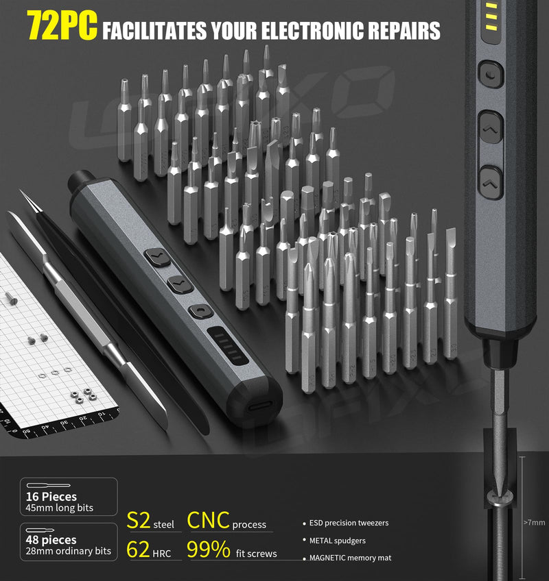 Electric Screwdriver Cordless Tool Set,72 PC Rechargeable Power Screwdriver Torx Phillips Triangle Pentalobe Automatic-Battery Electronics Kit for Macbook/Ps5/Xbox/Switch Computer Laptop Glasses 72IN1 Grey