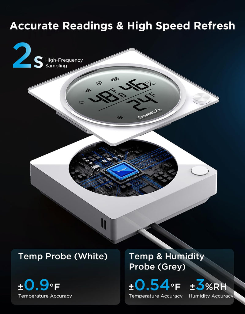 GoveeLife WiFi Refrigerator Thermometer Hygrometer Pro with 2 in 1 Alarm, Monitor Sensor for Freezer, Wireless Digital Freezer Temperature Humidity with App Alert, LCD Display(Gateway Not Included) 1 senor