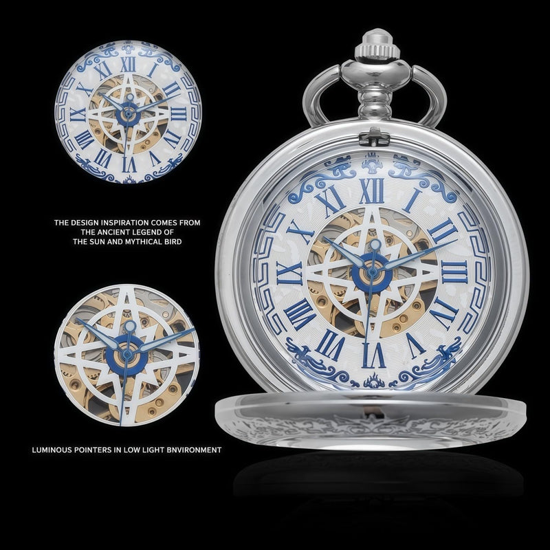 Mechanical Pocket Watch, for Men Women Special Magnifier Half Hunter Engraved Case Roman Numerals with Chain B-f. Compass, Silver, Blue + Wood Box