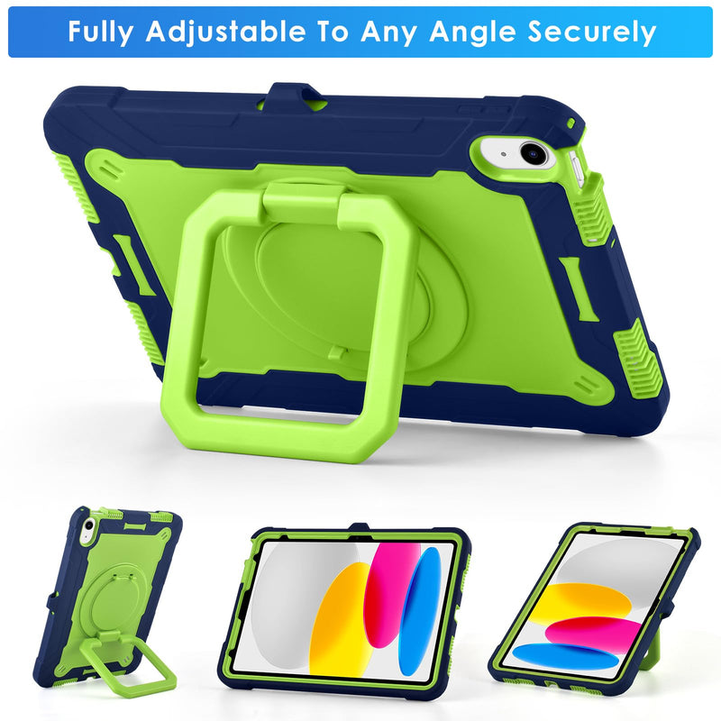 DETUOSI Shockproof Case for iPad A16 11th Gen 11" 2025, Dark Blue + Green | for iPad 10th Generation Case 10.9", 360 Rotatable Stand & Shoulder Strap, 3-layer Protection, Heavy Duty Protective Cover