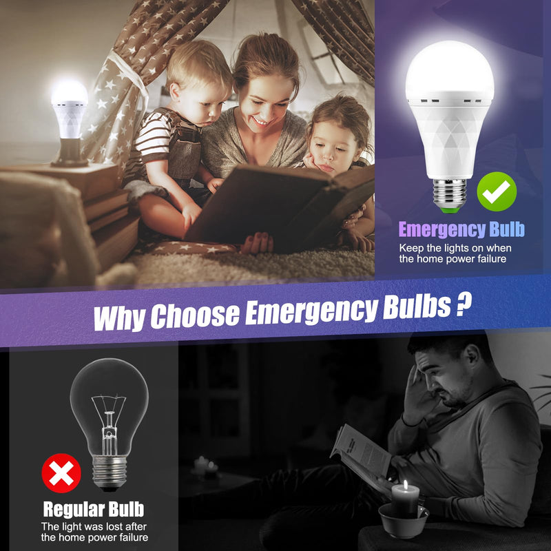 Emergency-Rechargeable-Light-Bulb, Stay Lights Up When Power Failure, 1500mAh 12W 60W Equivalent LED Light Bulbs for Home, Camping, Hiking (E27, with Hook,with Plug Cap) 6 Pack 1 ZS-6Pack