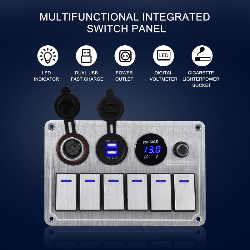 Marine Boat Rocker Switch Panel,Waterproof 6 Gang Toggle Switch Panel with Dual USB and Voltmeter Panel for RVs, Cars, Boats, Trucks,Trailers - 12-24V (Silver, 6 Gang) Silver