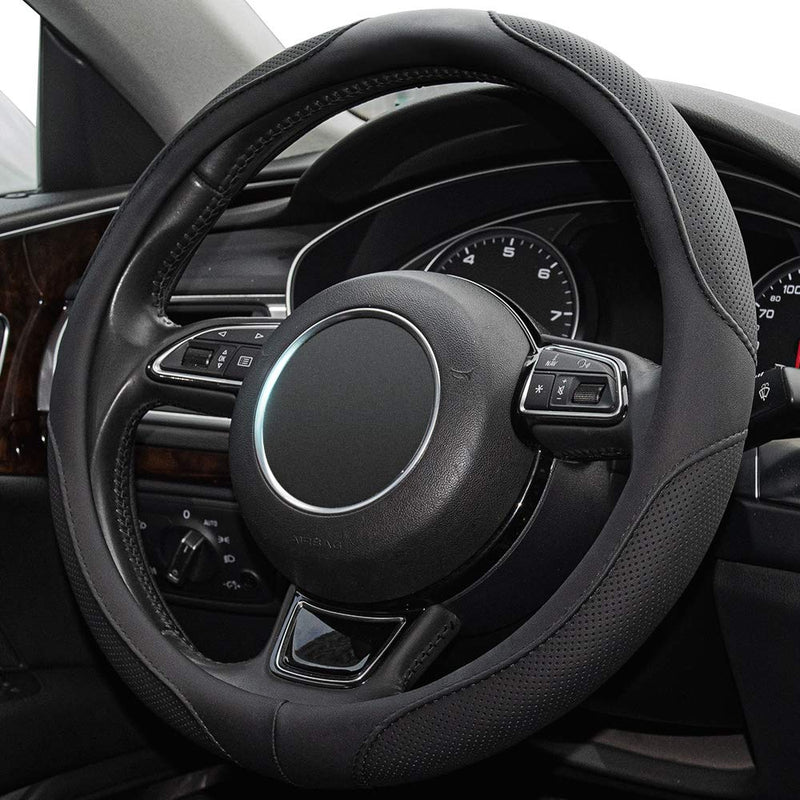 Xizopucy Car Steering Wheel Cover,14.5-15 Inch Black Universal Microfiber Leather Covers Breathable Anti-Slip Odorless Steering Wheels Accessories for Men Women Standard size[14 1/2''-15'']