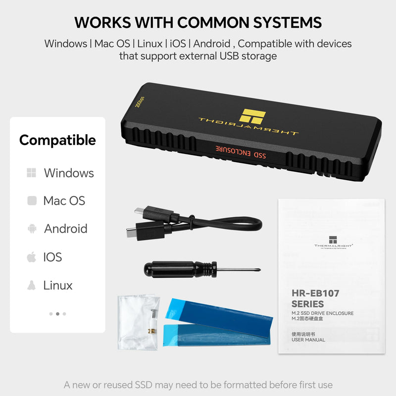 Thermalright EB107 PRO M.2 NVMe SSD Enclosure, Copper Heat Pipe Cooling | 20Gbps USB-C M.2 NVMe enclosure, aluminum alloy housing, 2230-2280 SSD support 20Gbps USB-C NVMe