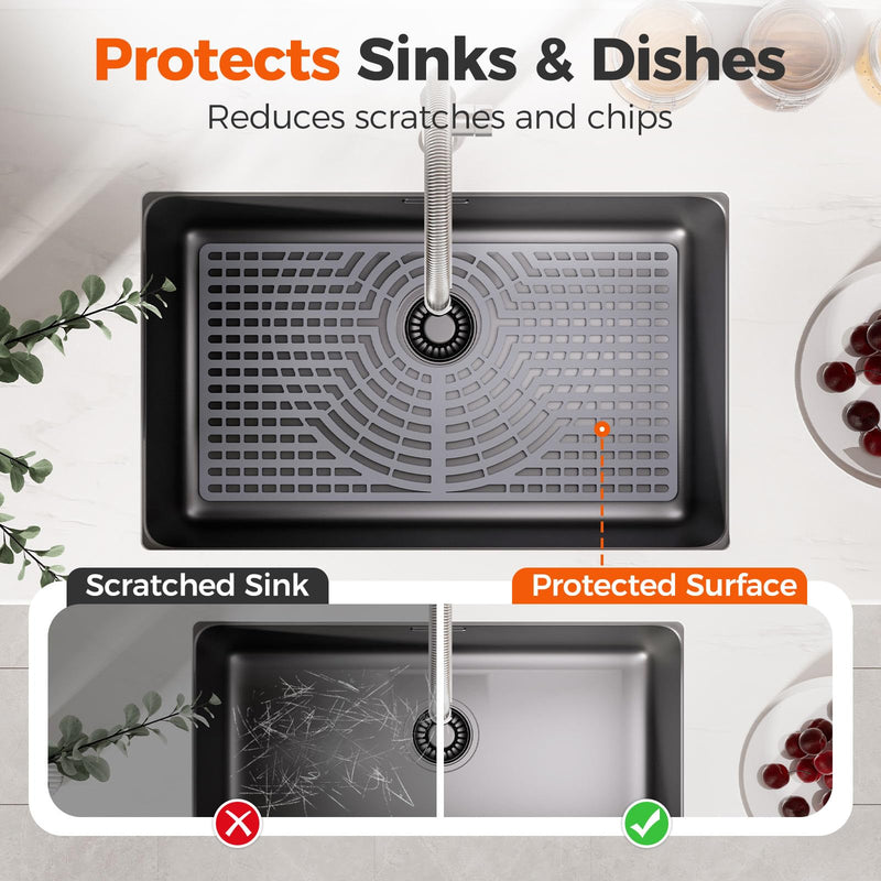 Snuggery Silicone Sink Protector for Kitchen Sink 28" x 15" – Flexible Sink Mat, Heat Resistant Grid, Non-Slip Rack, Easy to Clean Dishwasher Safe – Fits Farmhouse, Single & Double Bowl Sinks 28x15 rear