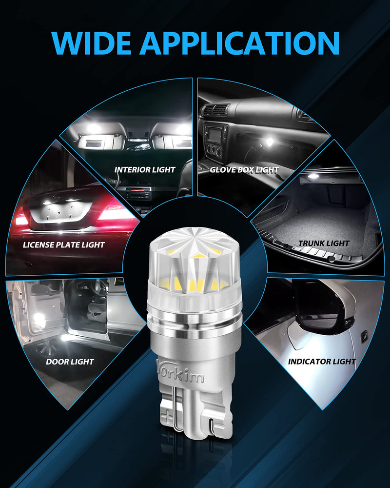 Yorkim 10psc 194 LED Bulbs 6500K White with special diamond cover 168 Led Bulb 2825 W5W T10 Led Bulb for Car Interior Lights Courtesy Map Dome Trunk License Plate Lights Side Marker Lights, Pack of 10 White-10Pack