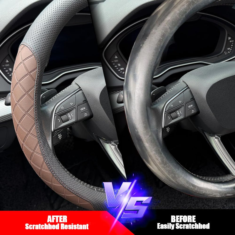 LKWLIKEI Nappa Leather Steering Wheel Cover,Elegant Diamond Checkered Design, Non-Slip wear-Resistant, Enhance Driving Comfort, Suitable for Steering Wheel Diameter 14 1/2‘-15’ Models.Black Brown Black Brown