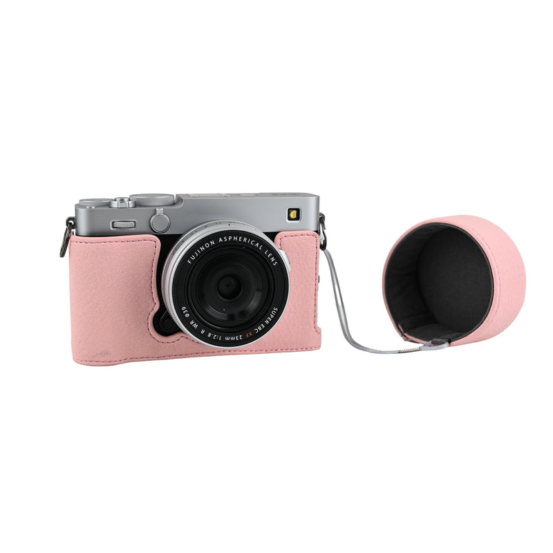 X-E5 Case, Handmade PU Leather Half Camera Case Bag Cover Bottom Opening Version for Fujifilm X-E5 XE5 With Neck Strap Lens Cover (Pink) Pink