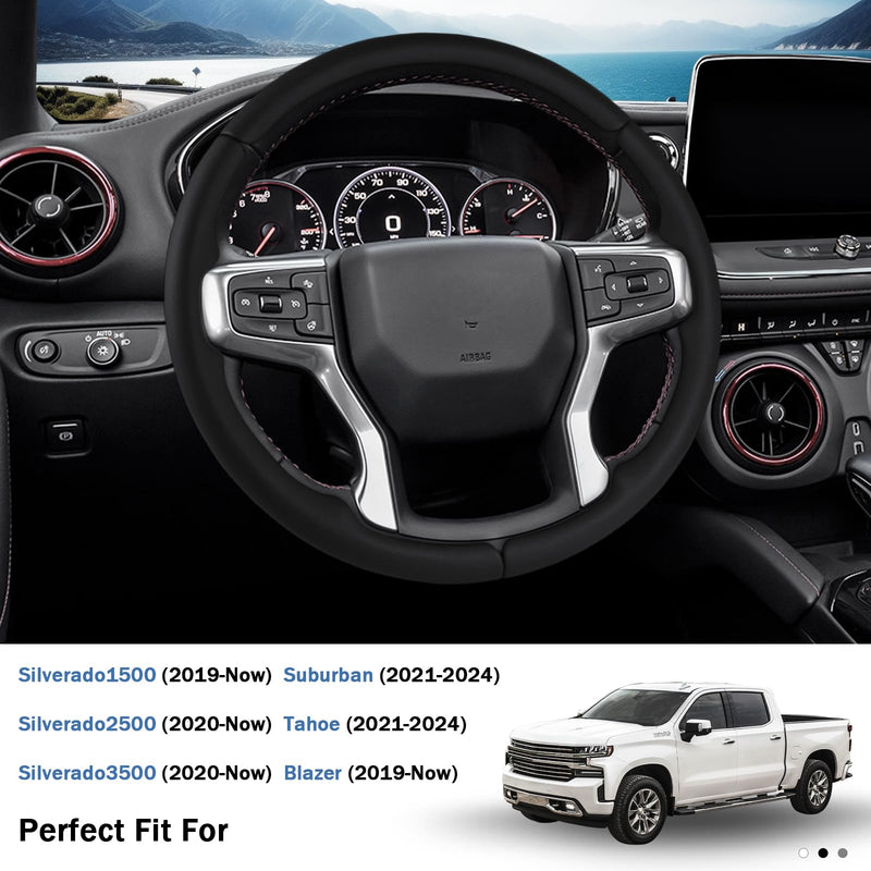 Steering Wheel Cover for Chevy Silverado 1500 2019-Present/ 2500 3500 2020-Present/Blazer 2019-Present (Gasoline Models)/ Suburban Tahoe 2021-2024, Car Steering Wheel Cover Accessories for Chevrolet Black Leather For Silverado 1500 2019-Now