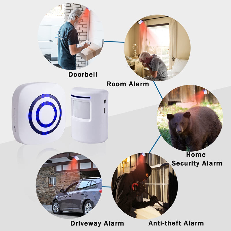 Motion Sensor Alarm - Seanme Wireless Driveway Alarm 100m Long Distance Signal Transmission, Home Security Alarm System Motion Sensor Doorbell with 38 Chime Tunes, 4 Volume Levels 2 alarms + 3 sensors