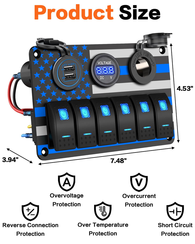 IZTOSS 6 Gang Switch Panel Waterproof Rocker Switch Panel Aluminum American Flag Design Marine Swtich Panel with Dual USB Charger, Digital Voltmeter, Power Socket for Boat Car RV Blue LED
