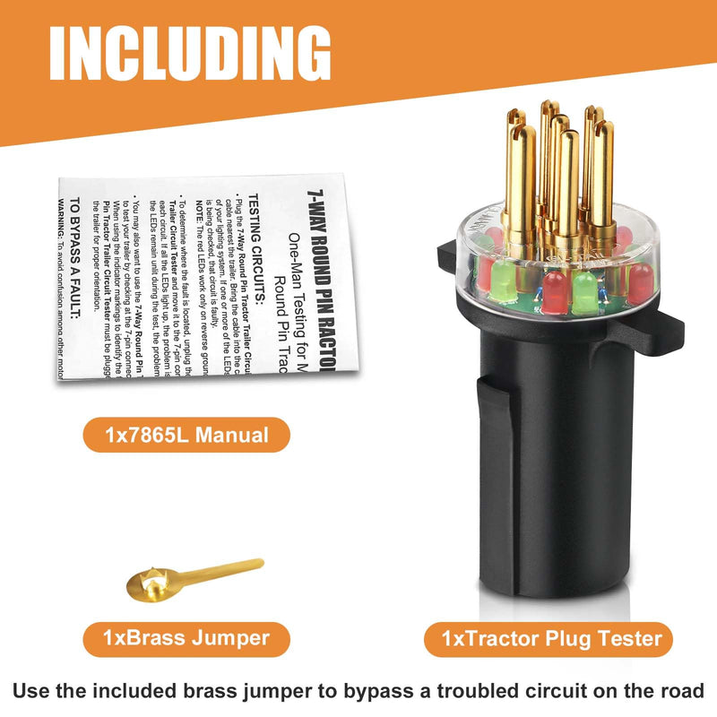 7865L 7-Way Round Pin Tractor Plug Tester, for Testing Turn Signals,Hazard Lights, Brake Lights and More，Making Troubleshooting Electrical Issues Quick and Straightforward