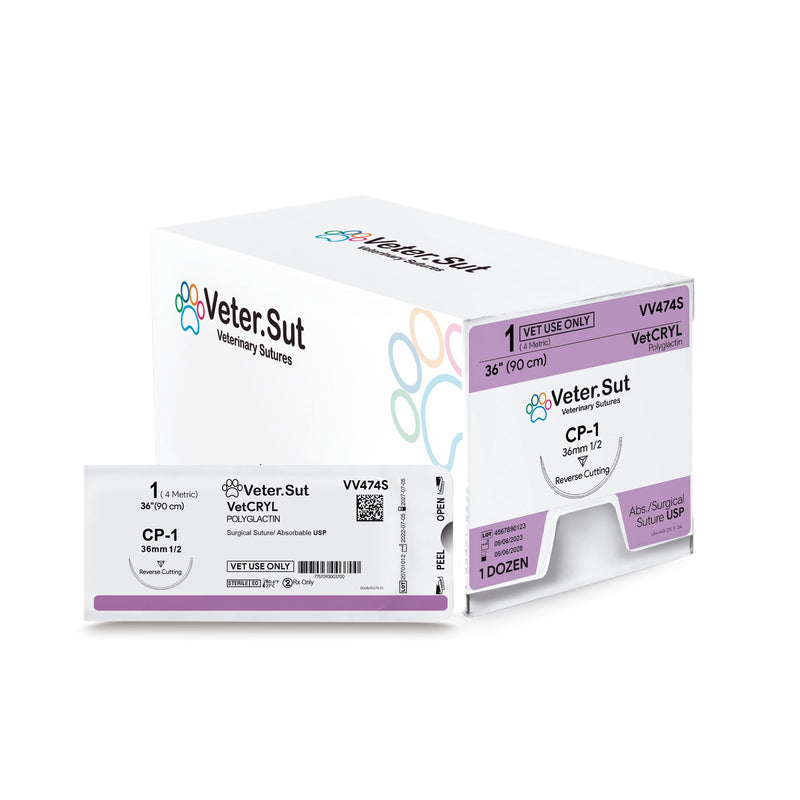 VeterSut VetCRYL Absorbable Polyglactin Surgical Suture USP Size 1, (CP-1) 1/2 36mm Reverse Cutting Needle, 36 Inches (90 cm), 12 Count, Veterinary Use Only