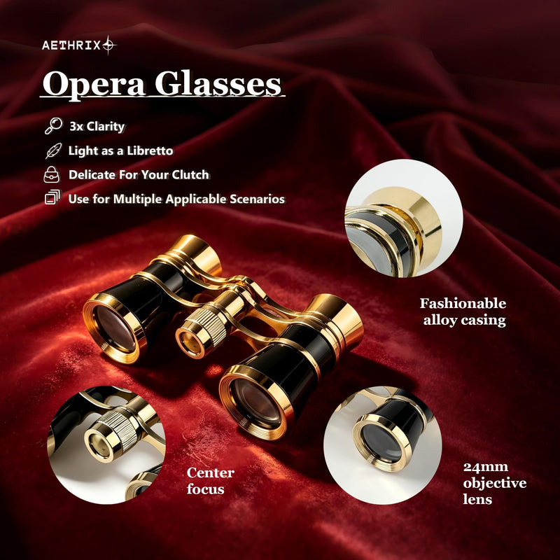 3X24 Opera Glasses with BK7 HD Optical Lens Vintage Compact Binoculars for Concerts, Theater, Horse Racing Black-Gold