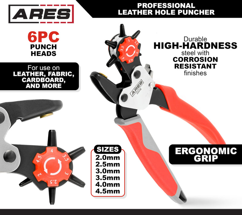 ARES 32016 – Professional Hole Puncher – Heavy Duty Leather Punch Plier Tool for Belts, Watch Bands, Saddles, Shoes, and More – Heavy Duty Rotary Punch Tool for DIY Home Craft Rotary Fabric & Leather Hole Puncher