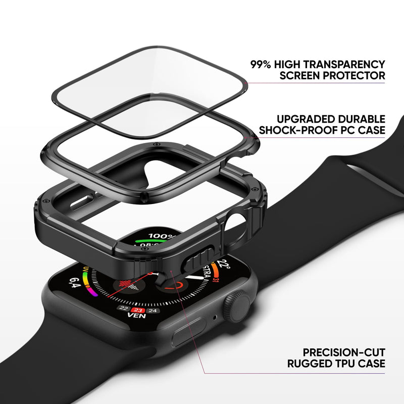 3-in-1 Silicone Band and Rugged Case Compatible for Apple Watch Bands 44mm 45mm 46mm 42mm 40mm 41mm, Sport Strap and Protective Cover with Screen Protector for iWatch Series 11 10 9 8 7 6 5 4 SE3 Black Series 6/5/4/SE 44mm