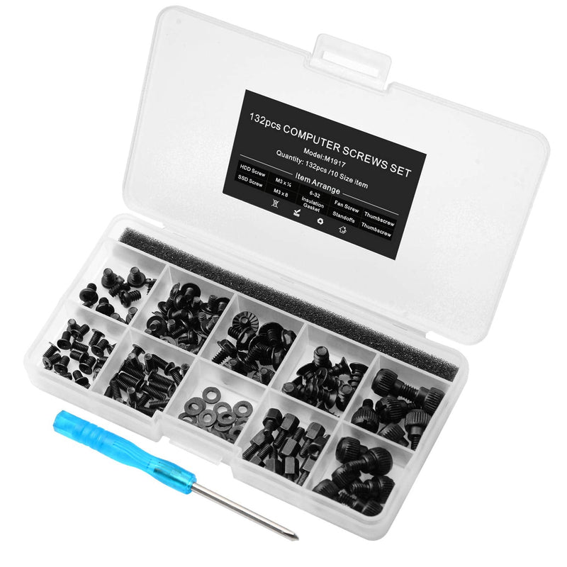 132pcs PC Build & Repair Screw Kit with Screwdriver for Motherboard, GPU,HDD, SSD,Case Fans -Includes Standoffs & Thumbscrews