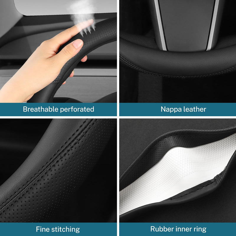 Leather Steering Wheel Cover Custom-Fit for Tesla Model 3/Y 2016-2026, Comfort Grip Design Breathable and Non-Slip, Model 3/Y Car Steering Wheel Protector, Tesla Accessories,Black(A-Style, for Tesla) A-Style