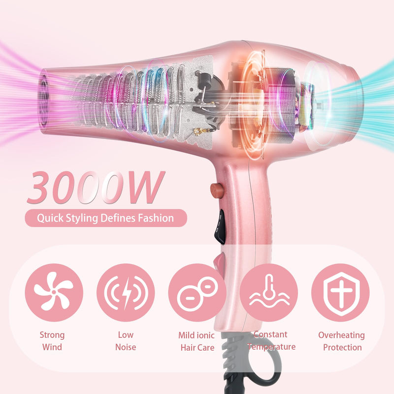 Hair Dryer, Jooayou 3000W Professional Ionic Hairdryers for Women Men, Fast Drying Blow Dryer with Diffuser for Salon Home Travel, Perfect for Gifts Rose Pink