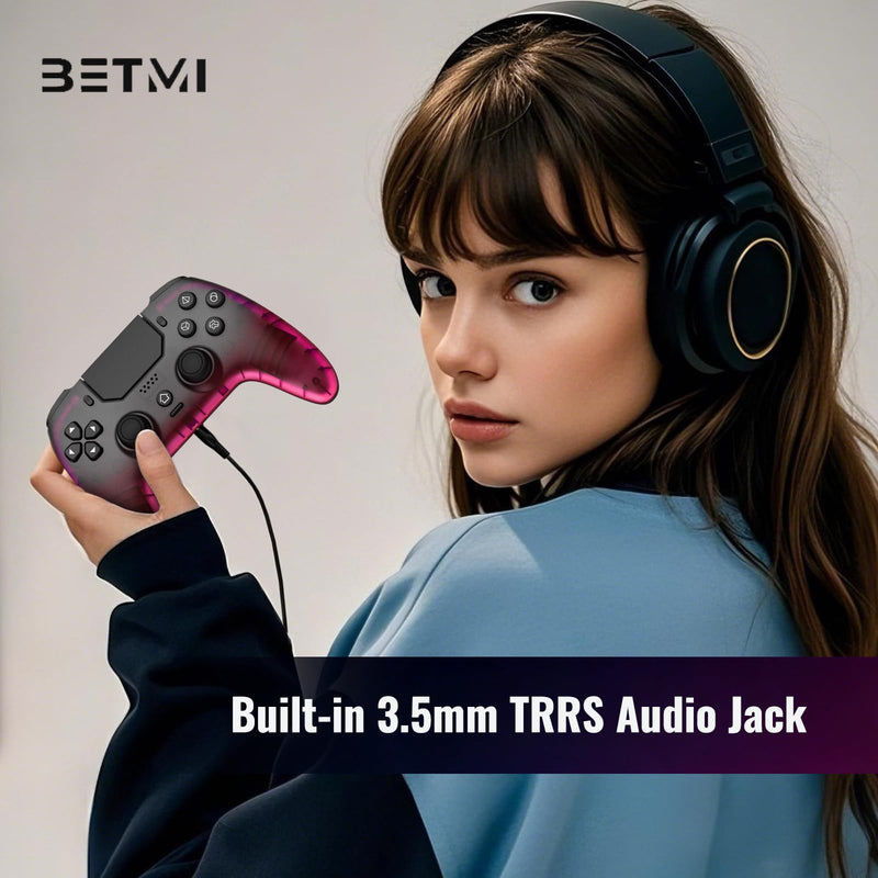 BETMI Wireless Controller for PS-5, Pro/Slim/PC (Black/Hot Pink/Clear) | Hall Effect Joystick & Trigger/Macro/Turbo/RGB Light/3.5mm TRRS Audio Jack/Speaker/Mic/Mute Button/6-Axis Gyro/Dual Vibration