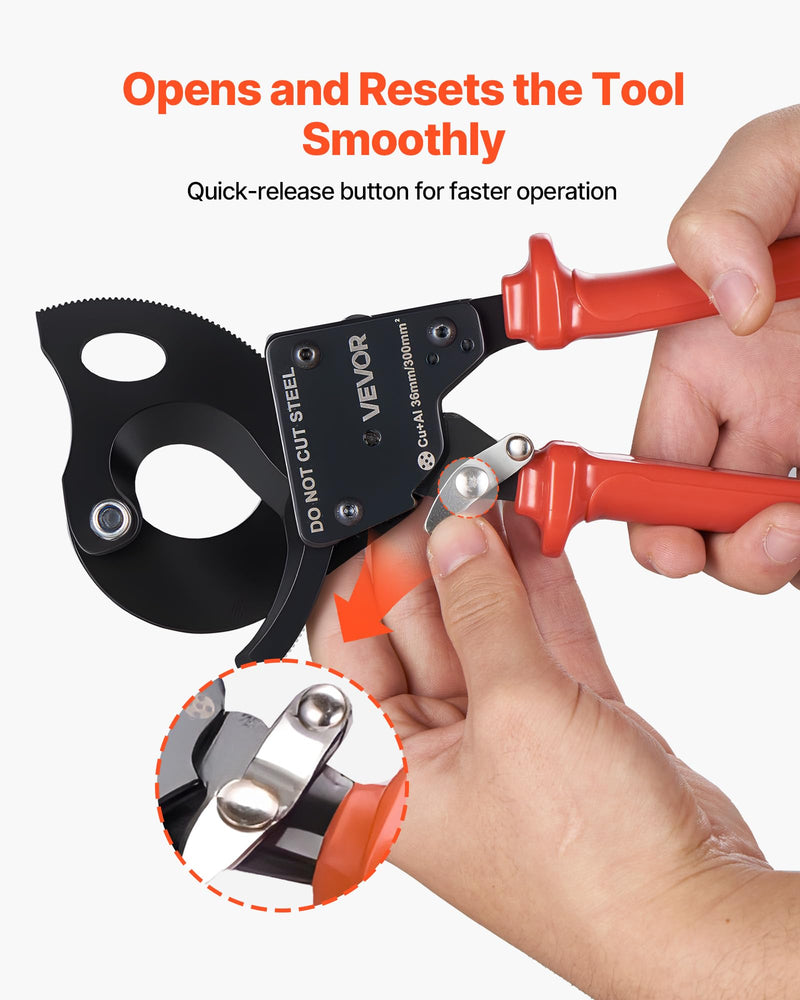 VEVOR Ratcheting Cable Cutter, Spring Steel Blades with PVC-Coated Handles, Quick-Release Button, Heavy Duty Ratchet Cable Wire Cutter for Cutting Copper & Aluminum Cables Up to 600 MCM / 300 mm² 11inch/600 MCM / 300 mm²