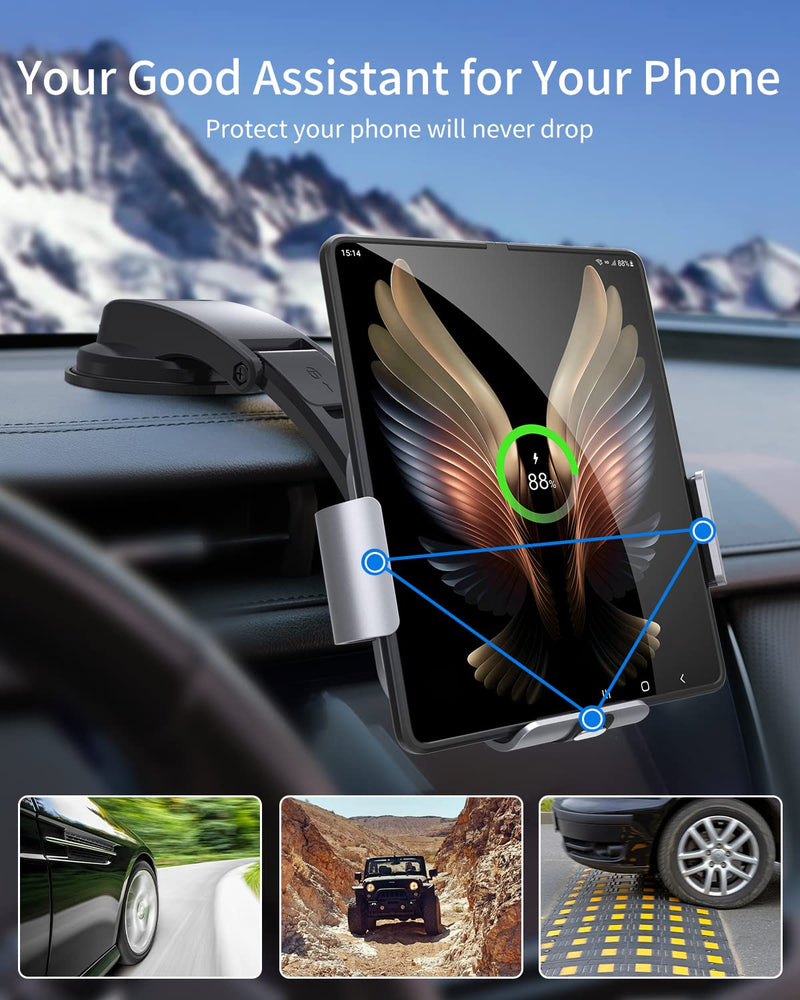 Dual Coil Wireless Car Charger Mount for Galaxy Z Fold Series | Dual coil fast wireless charging,for Galaxy Z Fold7,6,5,4,3,Mate XT, iPhone17,16,supports air vent and dashboard installation Steel Gray