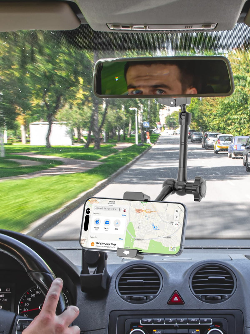 Car Phone Holder, Metal Magic Arm Rear View Mirror Phone Holder, Rotatable Cellphone Mount for Car Rearview Mirror Compatible with 4-7" Mobile Phones, Fit for Car Rearview Mirrors with Tubes