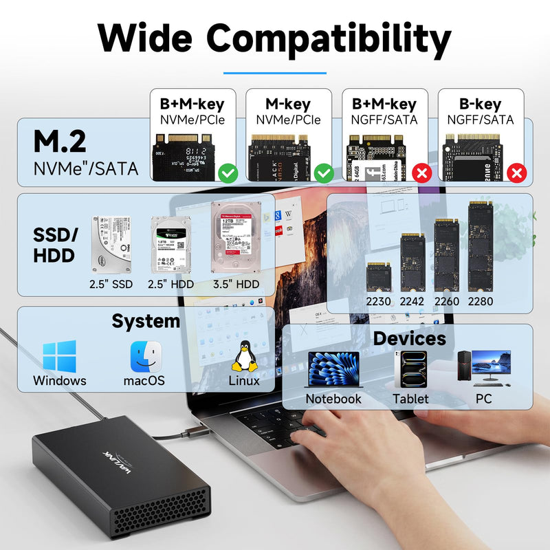 WAVLINK Hard Drive Docking Station NVMe M.2 to SATA 2.5/3.5 SSD/HDD | 10Gbps Lay Flat Docking Station SATA to M.2 NVMe Cloner Tool-Free, Offline Clone Function for Windows Mac Linux
