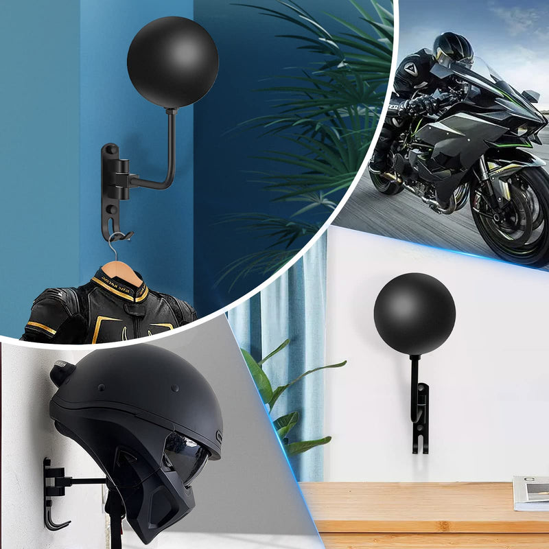 Motorcycle Helmet Rack Wall Mount 180 Degree Rotation Metal Bike Helmet Holder Mount Bicycle Helmet Display Hanger Stand with 2 Hooks Motorcycle Accessories for Baseball Rugby Helmet - Black, 2 Pcs Black(2PCS)