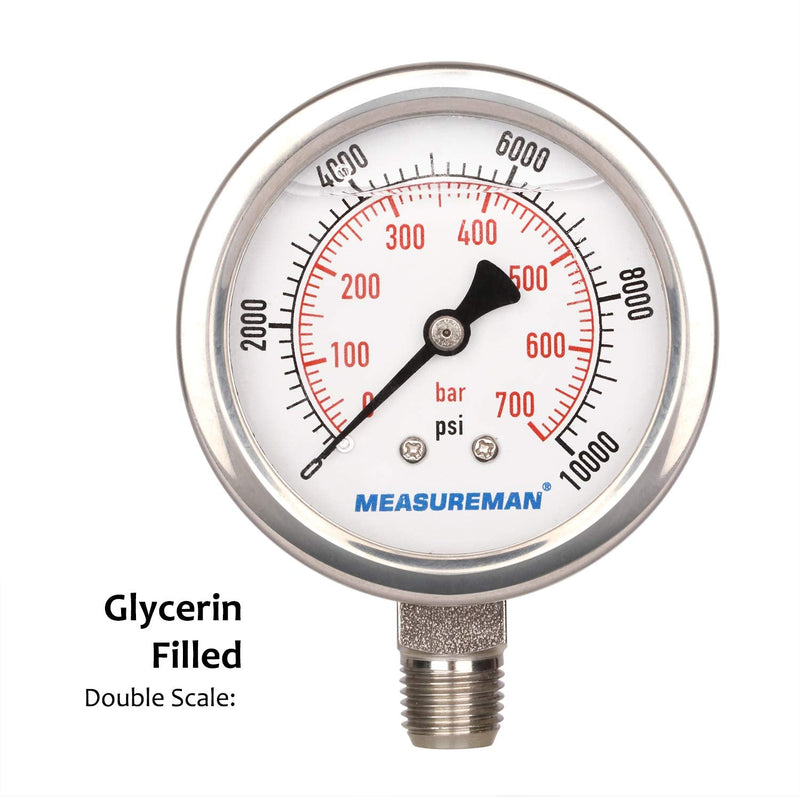 MEASUREMAN 2-1/2" dial,Glycerin Filled Hydraulics Pressure Gauge Stainless Steel case, 316 SS Wetted Part, 0-10000psi/bar1/4 NPT,Lower Mount 0-10000 psi Lower Mount(100% Stainless Steel)