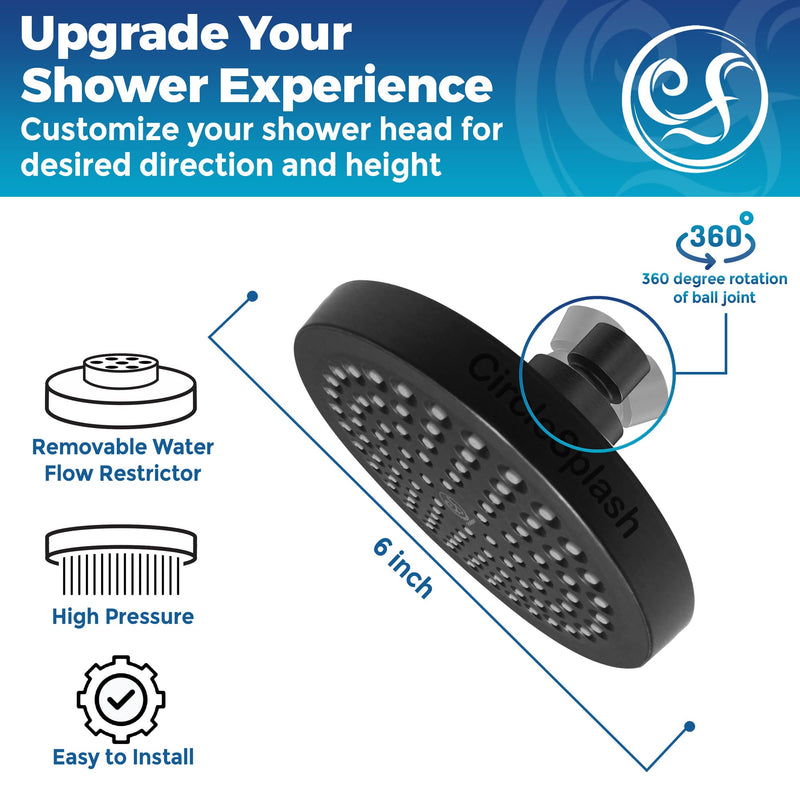 High Pressure Shower Head - Anti-Clogging Silicone Nozzles - 2.5 GPM Removable Restrictor - Easy to Clean Adjustable Replacement - easy to install with Plumbers Tape - 6 inch - Matte Black Finish 2.5GPM