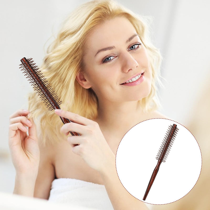 Small Round Hair Brush for Blow Drying, 1 Inch Mini Quiff Roller With Pear Wood Handle and Ball Tip Nylon Bristles, Curling Styling Brush for Women and Men's Beard