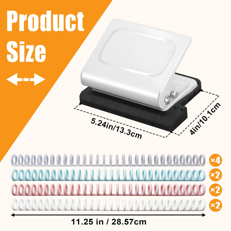 10 Hole Punch Binding Machine for Planners with 10 Multi-Color Binder Rings, 30 Holes on A4, 20 Holes on A5, 26 Holes on B5, 10 Sheet Capacity (White)