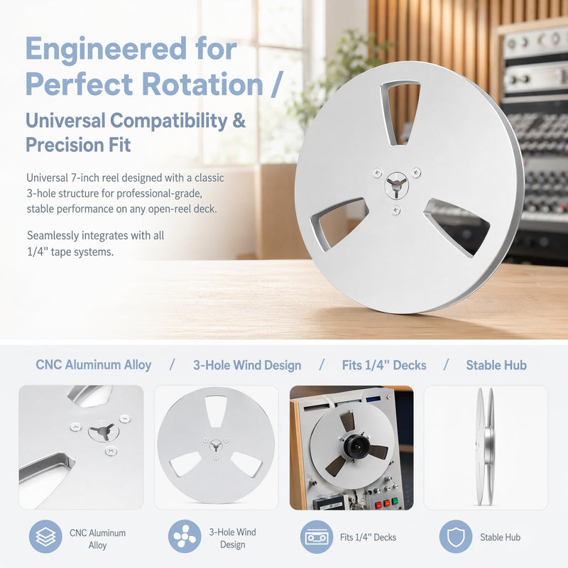 7 Inch Empty Tape Reel, 1/4 Inch Aluminum Takeup Reel, Silver | Precision-machined aluminum alloy reel with 3-hole design for tape storage, transfer and restoration