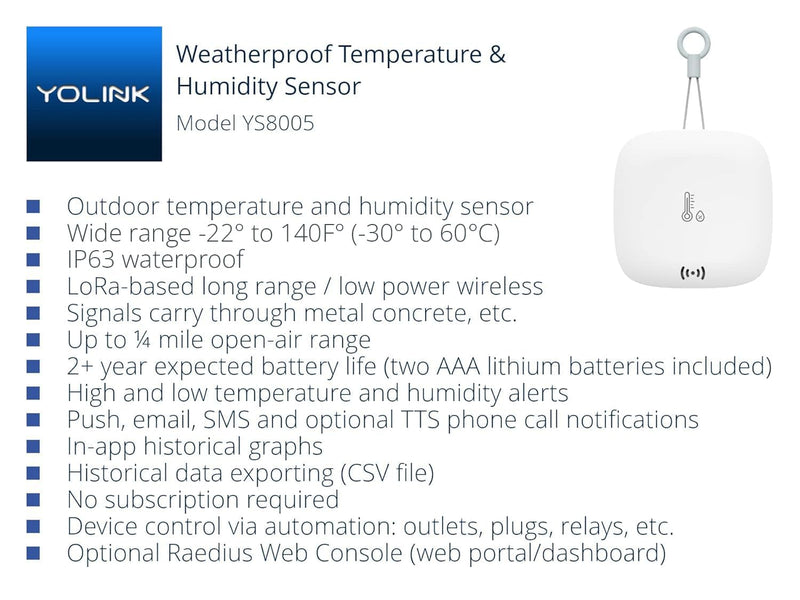 YoLink Smart Outdoor Temperature & Humidity Sensor, Hygrometer, Thermometer, 1000' Long Range, 2 Years Battery Life, Emails, Text/SMS, App Alerts, Alexa, IFTTT Integration. Hub Required! Without Hub