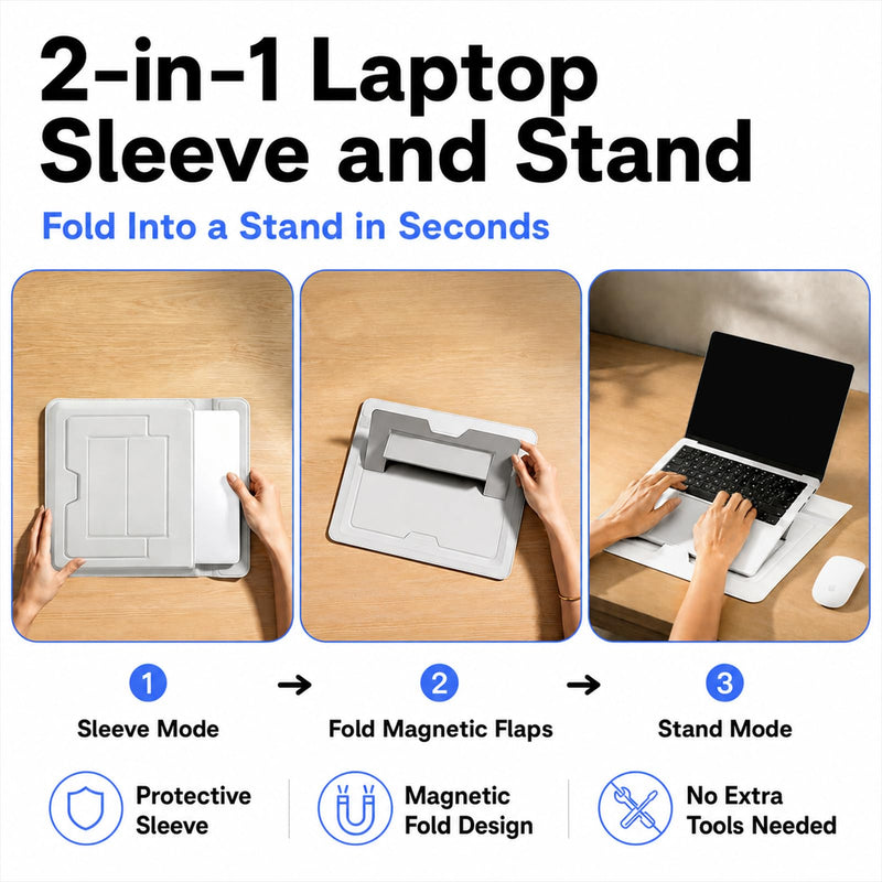 2-in-1 Laptop Sleeve with Stand, 13-14 Inch, PU Leather, Grey | Magnetic origami design folds into a 3-angle stand with a water-repellent PU exterior and storage for mouse and cable.
