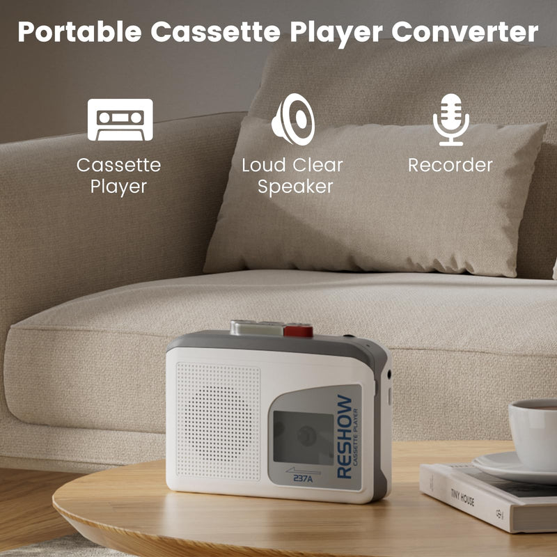 Portable Cassette Player with Built-in Speaker, Tape Recorder for Music Playback & Voice Recording, Ideal for Students, Home, Travel and Nostalgic Music Lovers (Grey White) Grey White
