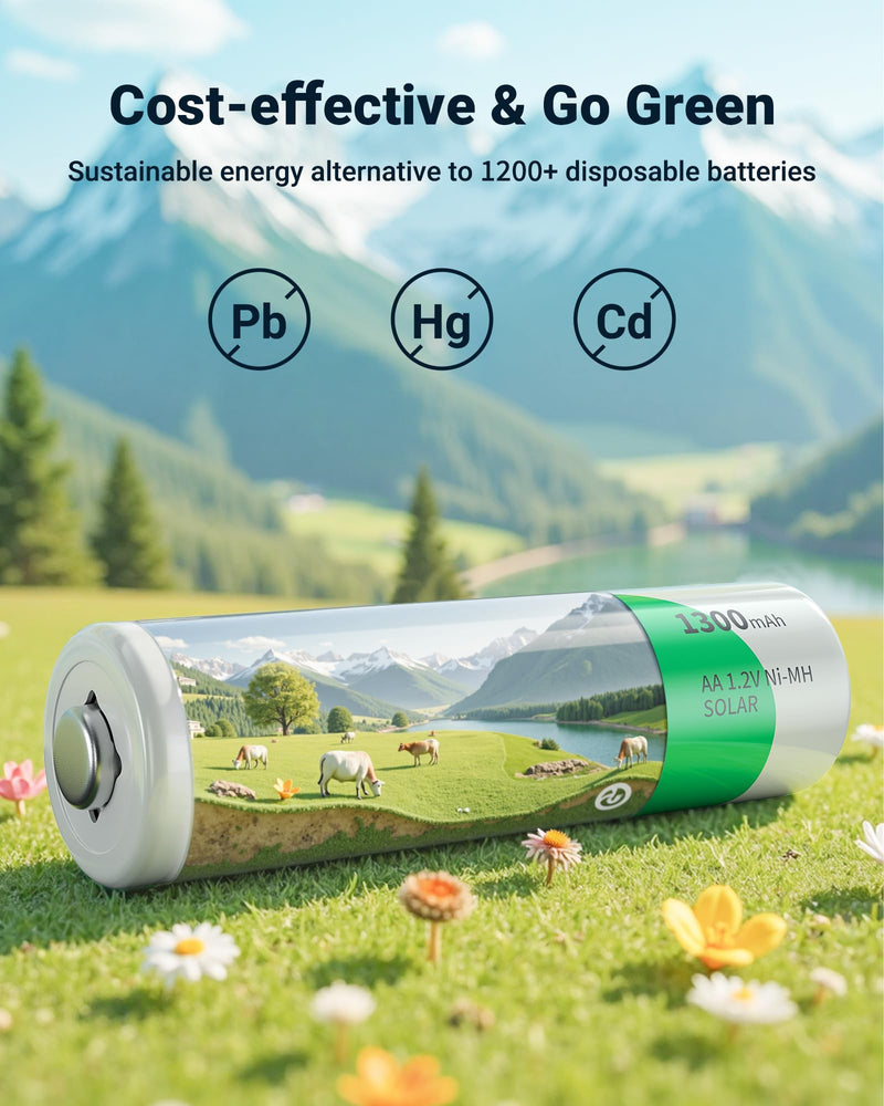EBL Solar AA Battery Rechargeable Batteries for Outdoor Solar Lights, 1300mAh NIMH Pre-Charged 1.2V Recharge up to 1200x Times for Garden Landscaping String Lights, Pack of 12 12 AA Count