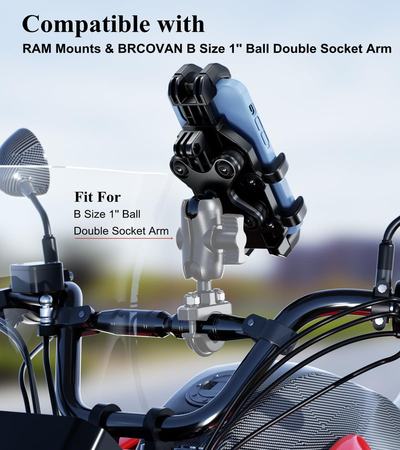 BRCOVAN 1'' Ball Phone Mount Holder with Vibration Dampener, Compatible with RAM Mounts B Size Double Socket Arm, Adjustable Heavy Duty for Bike Motorcycle Scooter ATV UTV, Fit 5.4-6.9'' Cellphone
