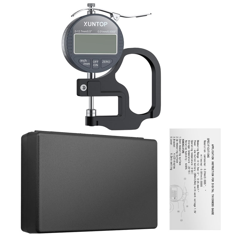 XUNTOP Digital Thickness Gauge 0.5inch/0.0005inch(12.7mm/0.01mm) Thickness Meter with LCD Display, Unit Conversion, Storage Case for Paper Plastic Leather Metal Wire