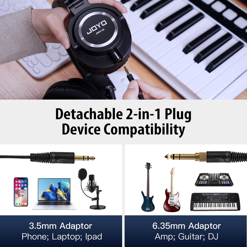JOYO Studio Monitor Headphones Wired Audio Recording Monitor Headset Over Ear Headphones for Mixer Amplifier Podcast Keyboard Piano Deep Bass 3M Cable (JMH-01) Over-Ear Studio Monitor Black