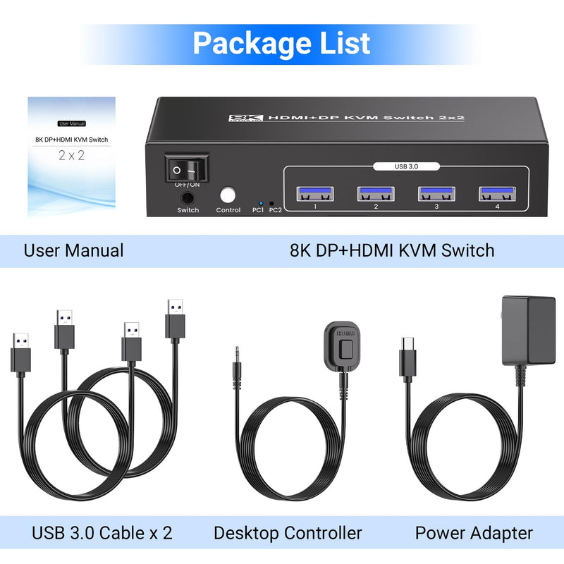 HDMI Displayport KVM Switch 2 Monitors 2 Computers, 8K60Hz 4K120Hz USB 3.0 Dual Monitor HDMI DP KVM Switch for 2 PCs Management Via 1 Set of Keyboard, Mouse and 2 Monitors 8K HD+DP 2 Monitors 2 PC